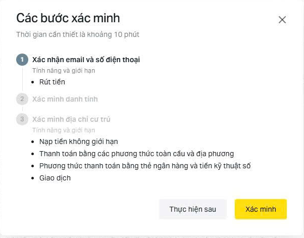 Hộp “Các bước xác minh” trong tài khoản Exness: bước 1 xác nhận email và số điện thoại, mục “Tính năng và giới hạn” liệt kê Rút tiền, nghĩa là chưa xong bước này thì không rút được