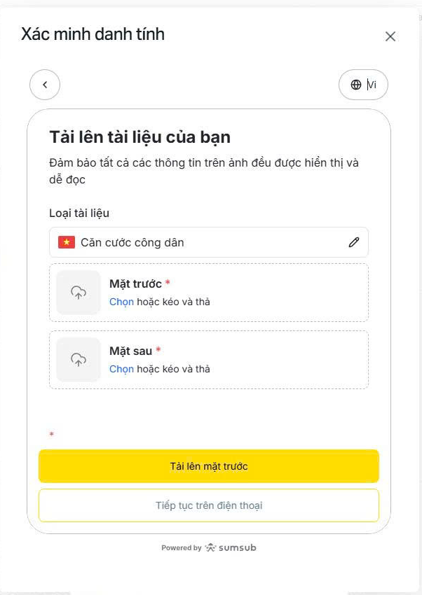 Màn tải giấy tờ trong tài khoản Exness: chọn loại tài liệu Căn cước công dân, tải mặt trước và mặt sau, chạy trên nền dịch vụ Sumsub