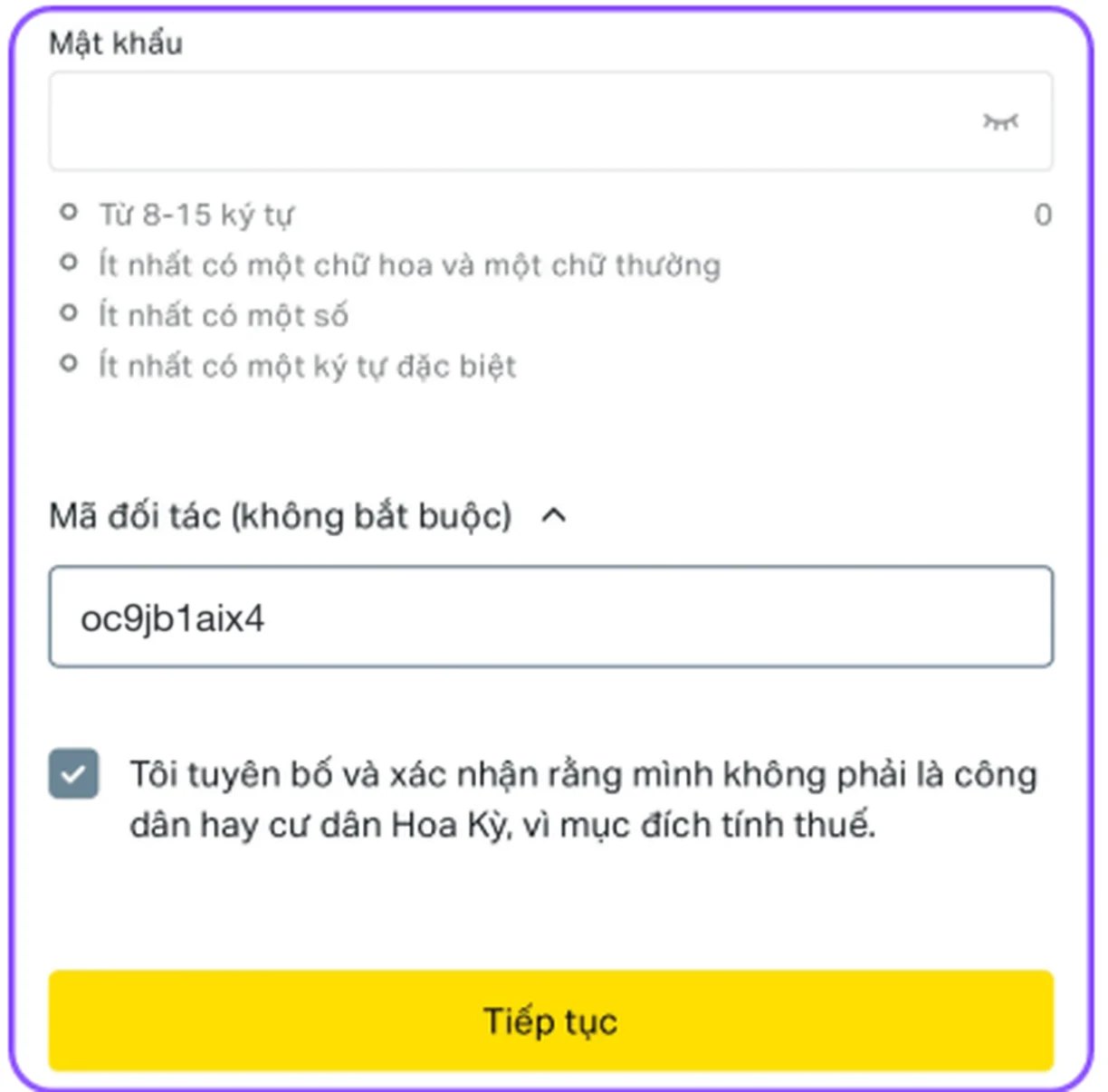 Form đăng ký Exness, ô Mã đối tác (không bắt buộc) đã điền sẵn mã oc9jb1aix4
