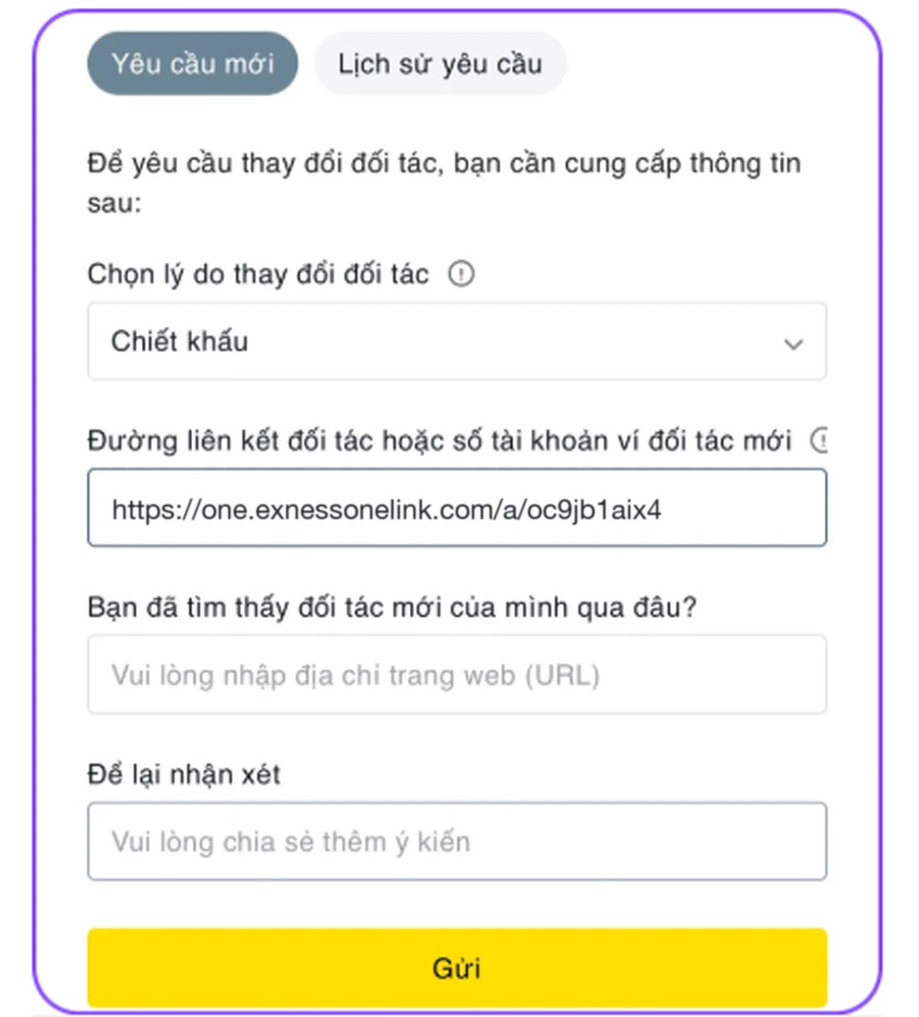 Biểu mẫu đổi đối tác của Exness, ô đối tác mới đã dán link của DCuptrend