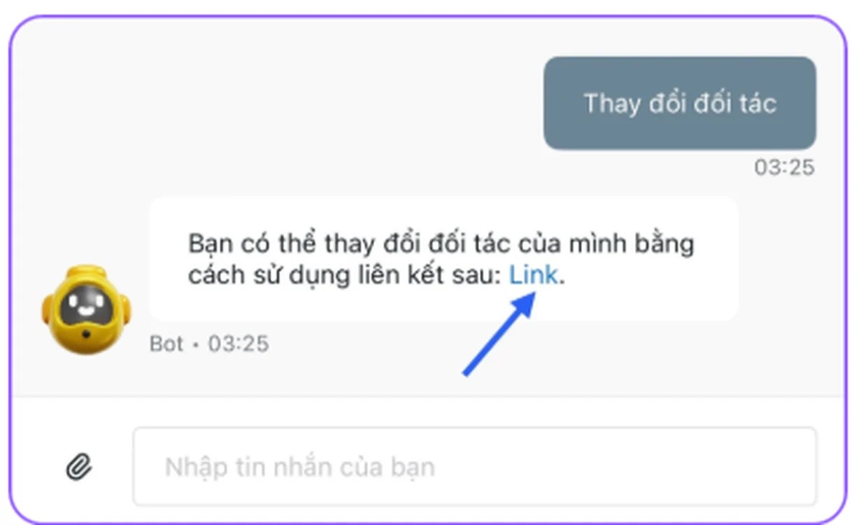 Bot trả lời gần như ngay lập tức, mũi tên chỉ vào chữ Link.