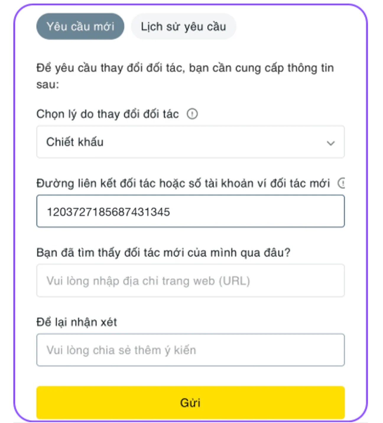 Ô thứ hai của biểu mẫu đã điền số ví đối tác; hai ô dưới có thể bỏ trống.