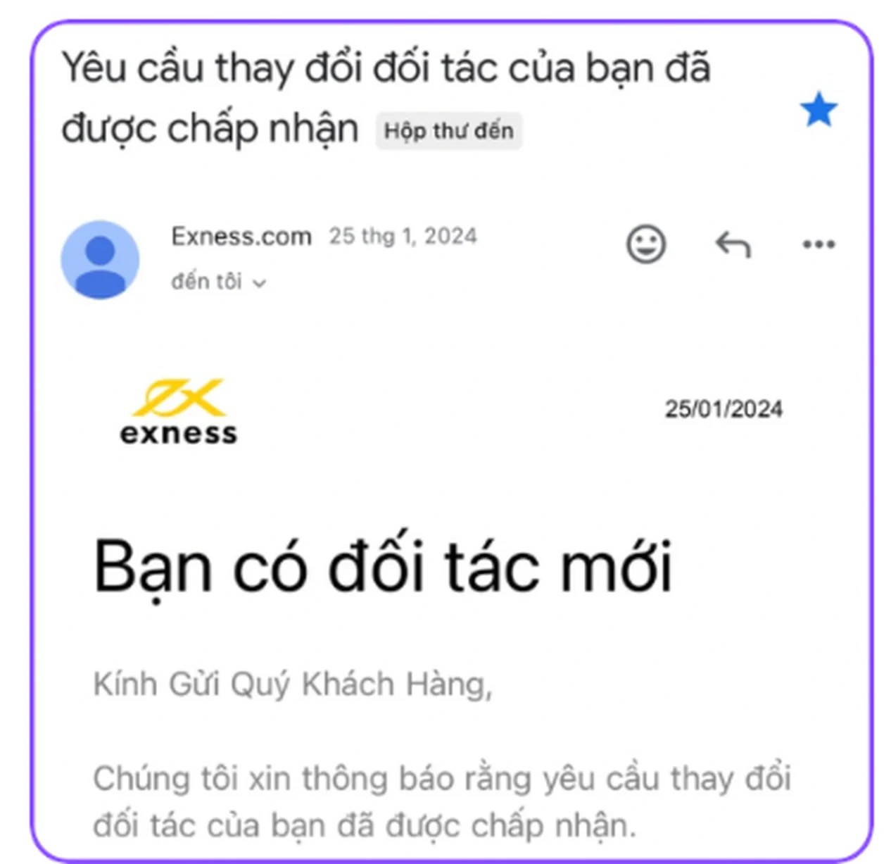 Thư từ Exness với dòng “Bạn có đối tác mới”.