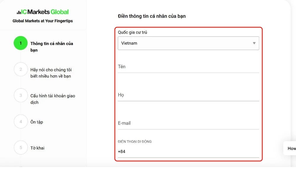 Màn 1 trên 5 của form, khung đỏ là các ô phải điền.