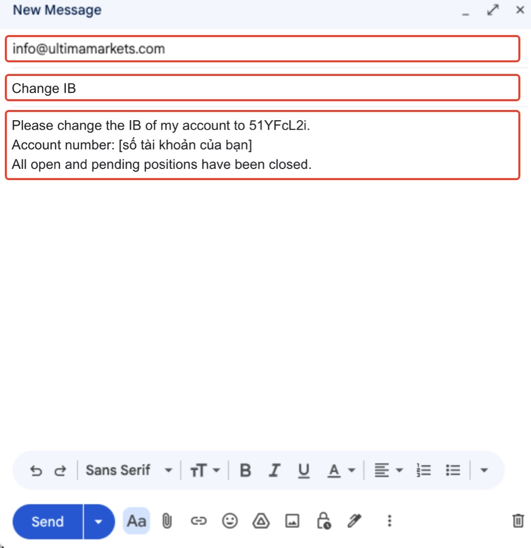 Màn soạn thư Gmail, tiêu đề “Change IB” với mã IB 51YFcL2i. Chữ mờ “Subject” và nút chèn của ô trống đã phủ đi cho khớp thứ hiện ra sau khi gõ; không che thông tin nào.