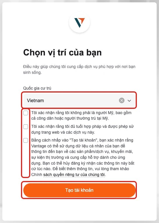 Màn “Chọn vị trí của bạn” khi đăng ký Vantage.