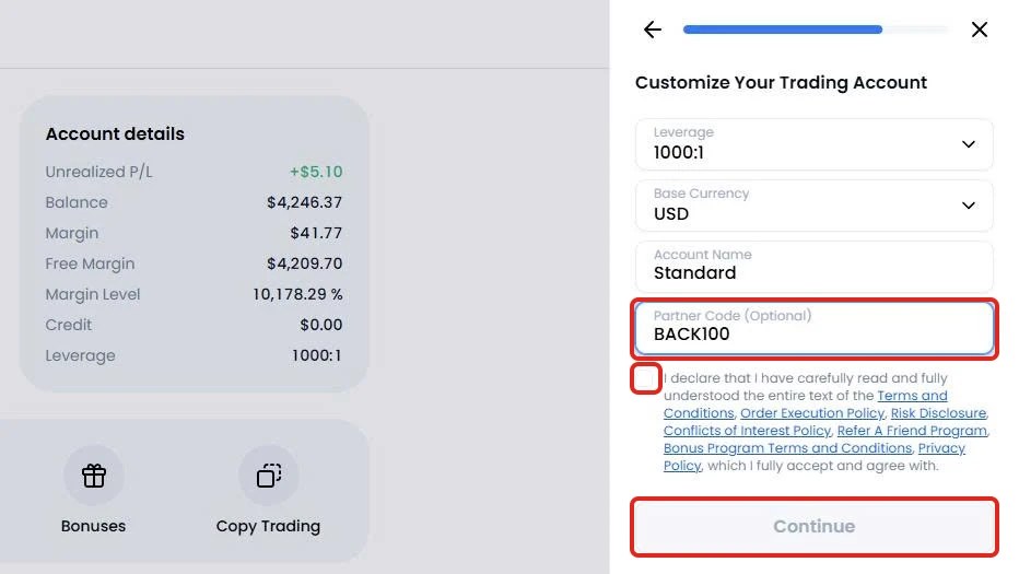 Ô mã đã có BACK100, ô điều khoản và nút cuối cùng đều trong khung đỏ.