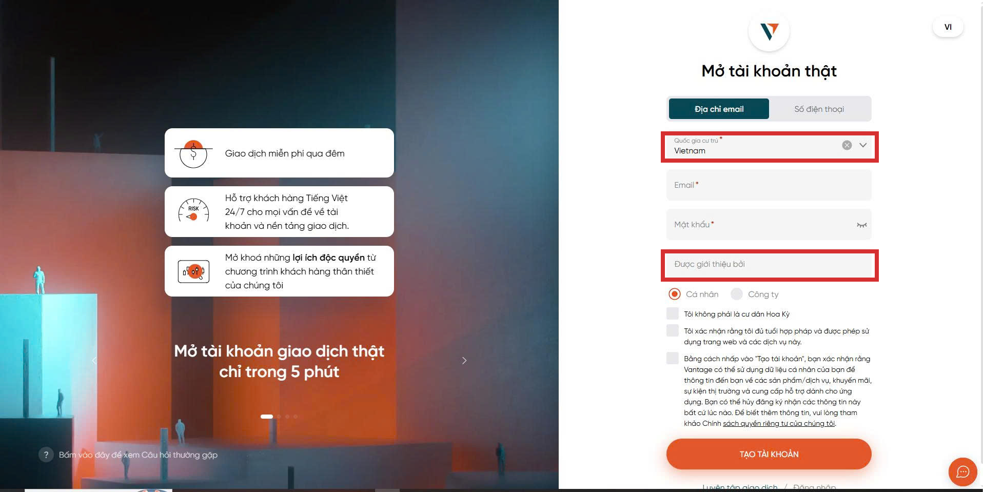 Form mở tài khoản thật của Vantage với ô Quốc gia cư trú đã chọn Vietnam, và ô Được giới thiệu bởi nằm ngay trong bước đăng ký