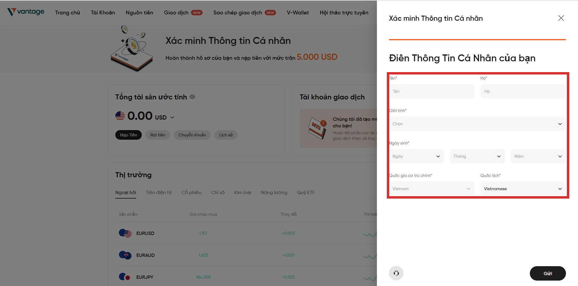 Biểu mẫu khai thông tin cá nhân của Vantage với các ô Tên, Họ, giới tính, ngày sinh, quốc gia cư trú và quốc tịch, chụp trong tài khoản tự mở