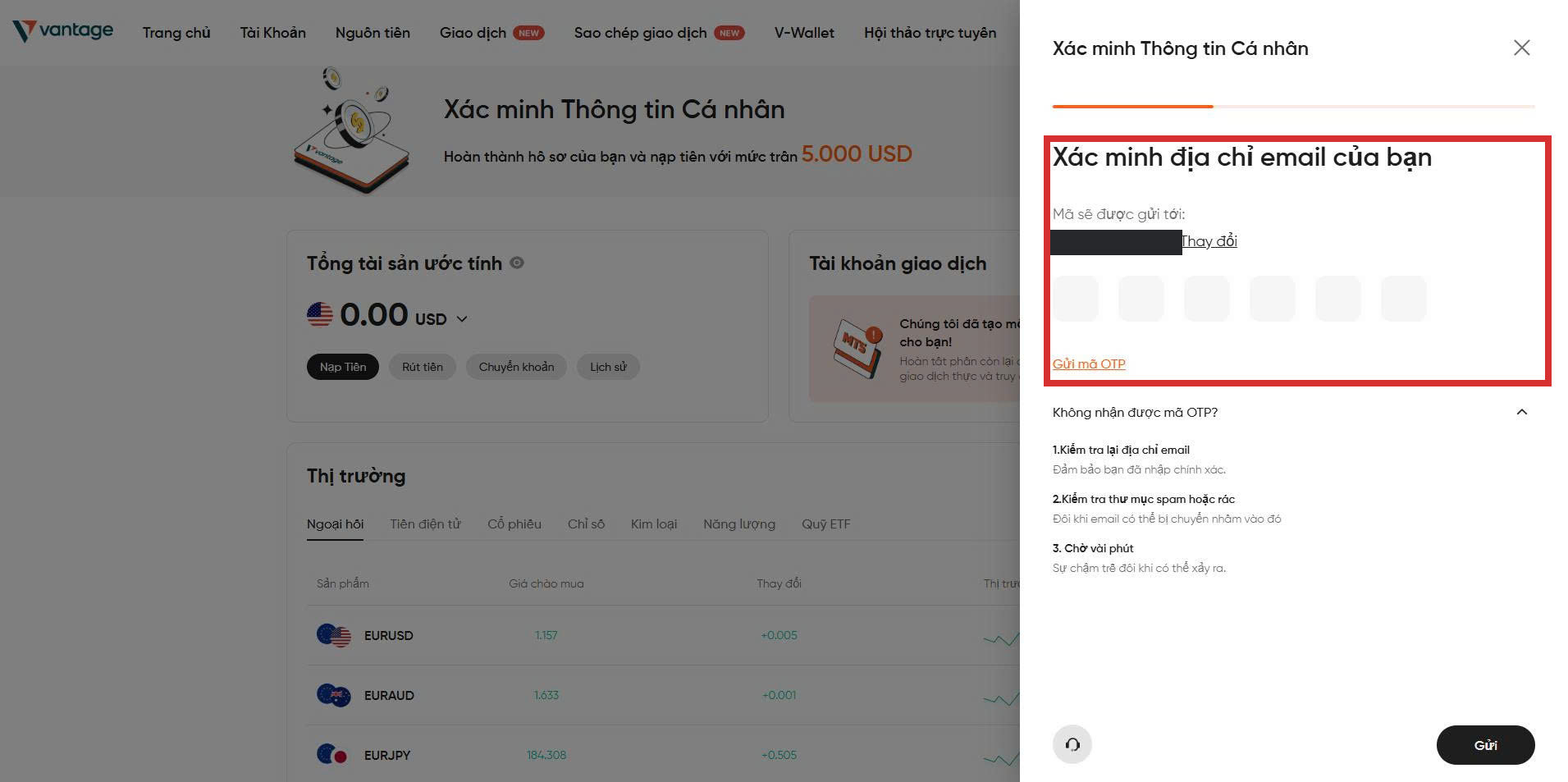 Bảng điều khiển Vantage trong tài khoản tự mở: tổng tài sản 0,00 USD và bảng thông báo yêu cầu xác minh địa chỉ email trước khi dùng tiếp