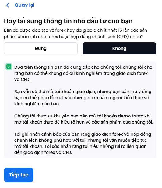 Cảnh báo XM tự hiện khi người dùng khai chưa từng được đào tạo về forex: sàn cho rằng bạn có thể không đủ kinh nghiệm, khuyên mở tài khoản demo trước, nhưng vẫn cho mở tài khoản thật