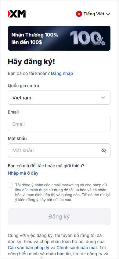 Màn đăng ký XM cho người cư trú Việt Nam, phía trên có banner “Nhận Thưởng 100% lên đến 100$”