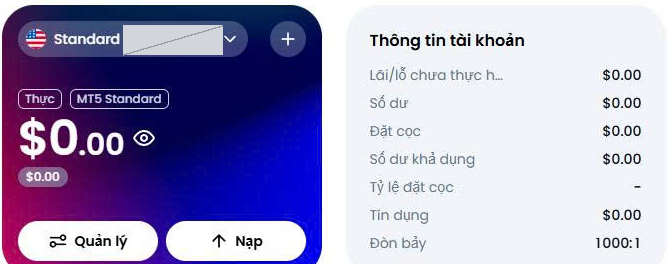 Thẻ tài khoản XM MT5 Standard và bảng thông tin bên cạnh ghi đòn bẩy 1000:1, số dư 0 USD